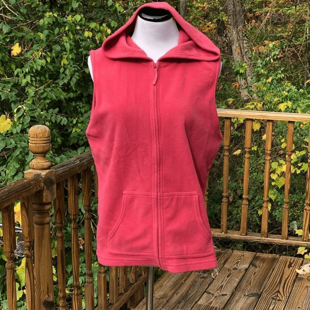 Eddie Bauer Womens L Coral Pink Fleece Hooded Vest Full Zip Kangaroo Pockets